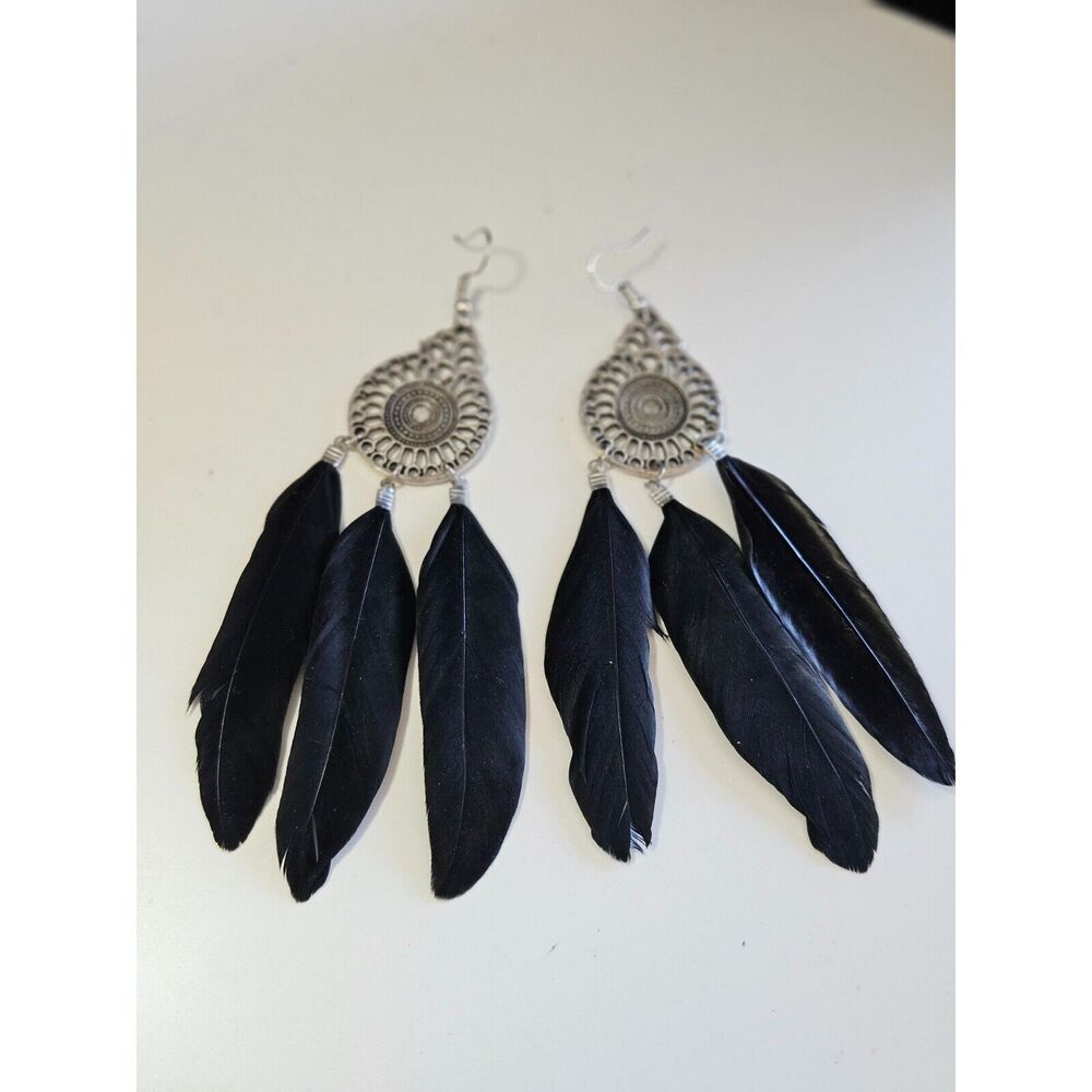 Silver tone black feather statement earrings - Picture 2 of 8